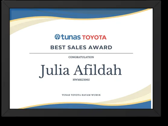 Tunas Toyota Best Sales Award certificate